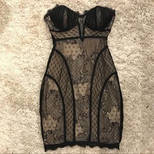 Bebe black and nude fitted lace detail mini dress